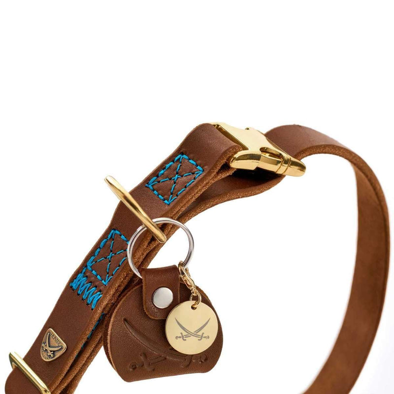 HUNTER Sansibar Dog Collar Colour: Cognac, Elegant Cowhide Leather, Maritime Details, Blue Decorative Stitching, Brass-Coloured Fittings, Fully Adjustable, Stylish and Robust, Made in Germany, Size: M