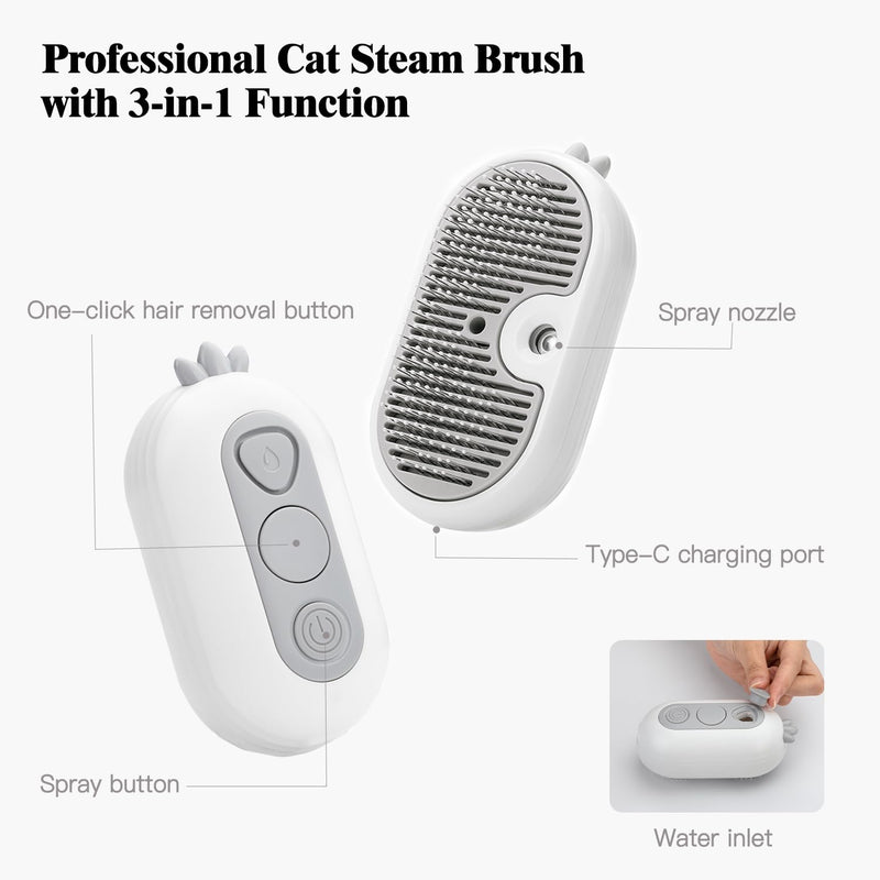 Cat Steam Brush for Shedding,Cat Brushes for Indoor Cats-3-in-1 Self-Cleaning Grooming Tool for Long & Short Haired Cats, Removes Loose Hair & Reduces Shedding,with One-click Cleaning Button (White) White - PawsPlanet Australia