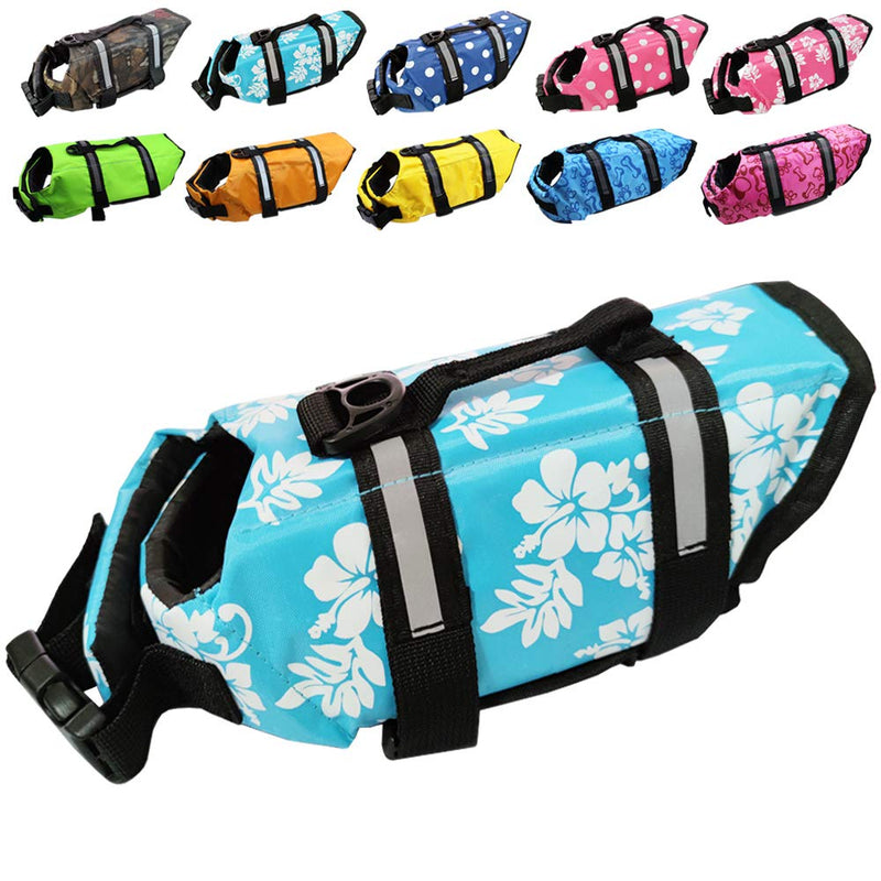 Dog Life Jacket Easy-Fit Adjustable Belt Pet Saver Swimming Safety Swimsuit Preserver with Reflective Stripes for Doggie (XX-Small, Flowers and blue) XX-Small