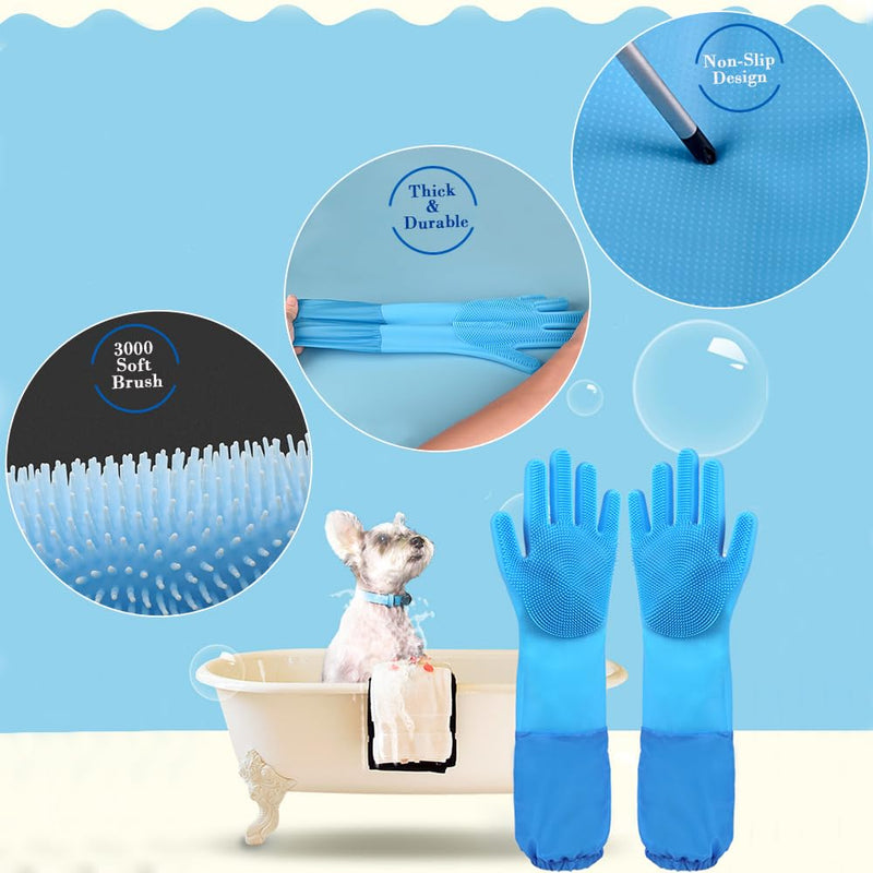 Pet Grooming Gloves Pet Hair Remover Cat, Dog Washing Gloves Silicone Heat Resistant Cleaning Gloves with High-Density Teeth Grooming Gloves for Dogs, Cats, Horses, Rabbits (1 Pair - Blue) 1 Pair - Blue - PawsPlanet Australia