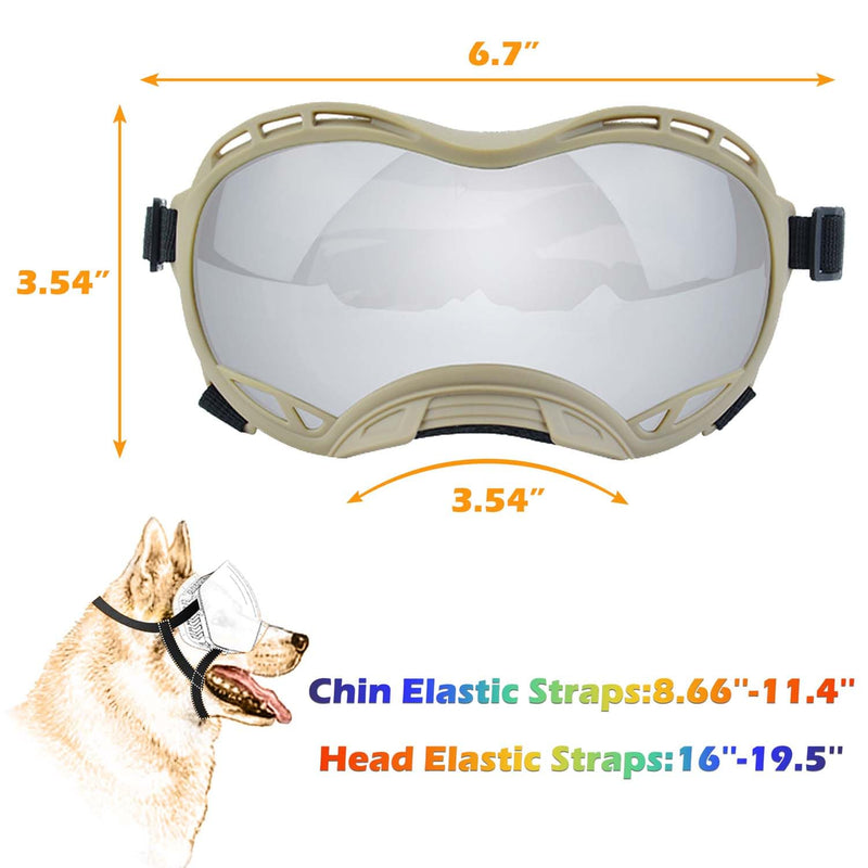 Dog Sunglasses,Doggles Anti-UV Protection,Pet Sunglasses with Adjustable Strap,Suitable for Motorcycle Car Driving Bike Riding Hiking Swimming Wind Dust Fog Dog Eye Protection Khaki Frame Silver Lenses-L - PawsPlanet Australia