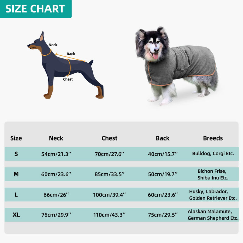 Dog Drying Coat Bathrobe Towel, Microfibre Material Fast Drying Super Absorbent Dog Bath Robe, Pet Quick Drying Moisture Absorbing with Adjustable Collar and Waist Small Grey