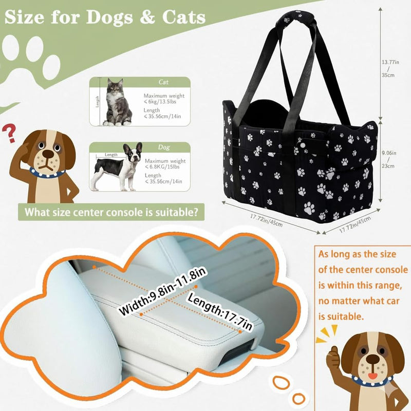 Cullaby Center Console Dog Car Seat Safe Travel for Small Dogs Under 15 lbs Detachable Washable Pet Carrier with Storage Pockets & Safety Leash,Black Black - PawsPlanet Australia