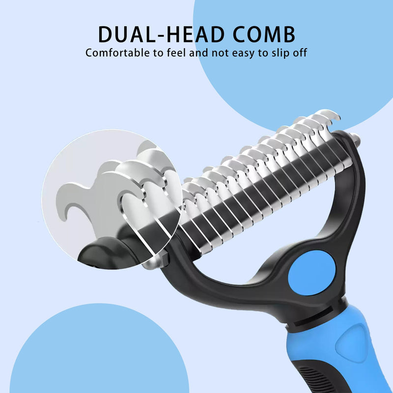2 Piece Pet Grooming Rake and Brushes, Pet Combs, Dog Cat Comb, Stainless Steel Teeth, TPR Handle, 2-in-1 Single Sided Comb & Detangler for Dogs & Cats, for Removing Loose Hair, Mats, Tangles (Blue)