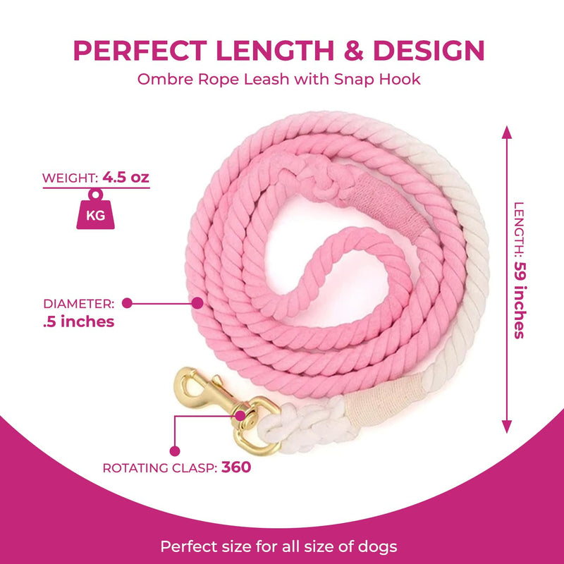 Glow Pups Rope Dog Leash with Durable Braided Design, Stylish Ombre Pattern, and Rustproof Swivel Hook, 5 Foot Long, Hand-Crafted, Ideal for Medium and Large Dogs (Pink) Pink - PawsPlanet Australia