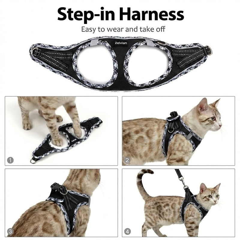 Cat Harness and Lead Set for Outdoor Walking, Escape Proof Cat Harnesses with Dual D-Rings and Safe Leash, Soft Adjustable Reflective Mesh Kitten Harness for Small Cat & Puppy (Black, S) Black