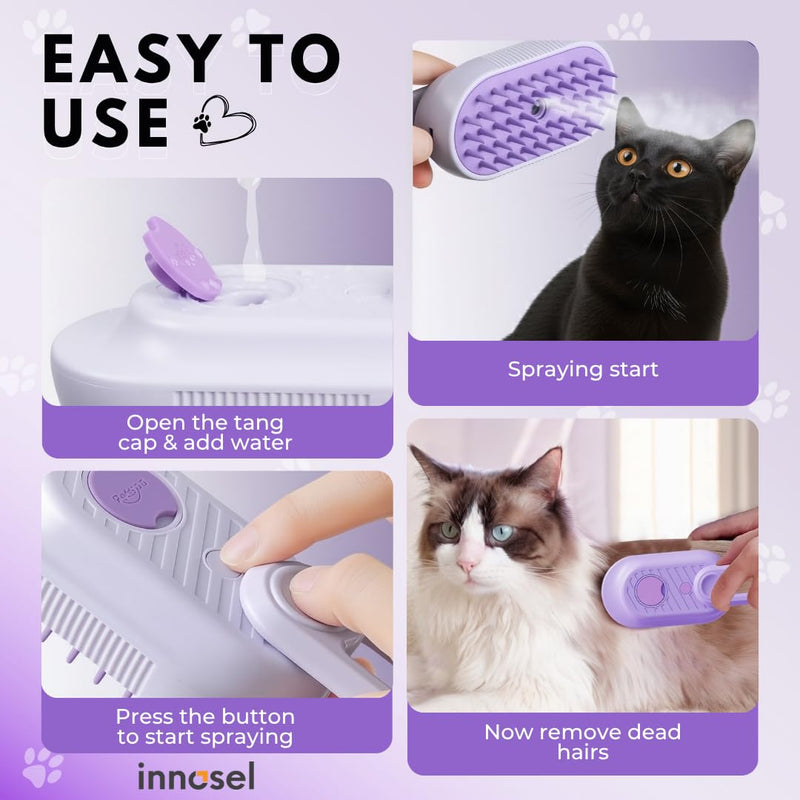 Cat Steam Brush for Shedding, 4-in-1 Rechargeable Pet Grooming Brush for Cats & Dogs, Anti-Static, Massage, Cleaning & Combing with Gentle Steam, Removes Loose Hair & Tangles (Purple) Purple