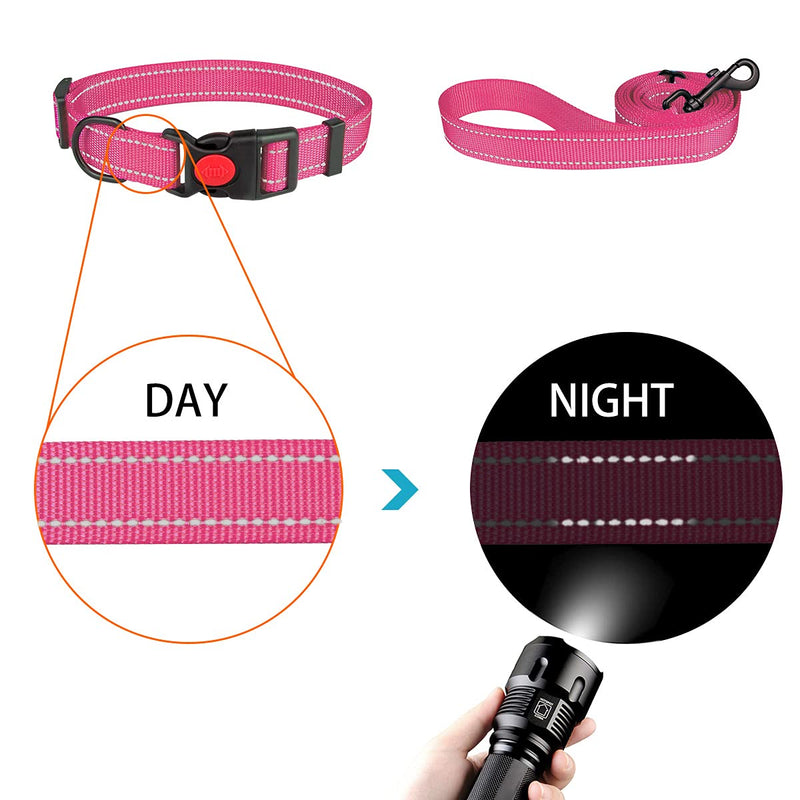 Reflective Dog Collar and Leash Set with Safety Locking Buckle Nylon Pet Collars Adjustable for Small Medium Large Dogs 3 Sizes(Hotpink&M) M Hotpink