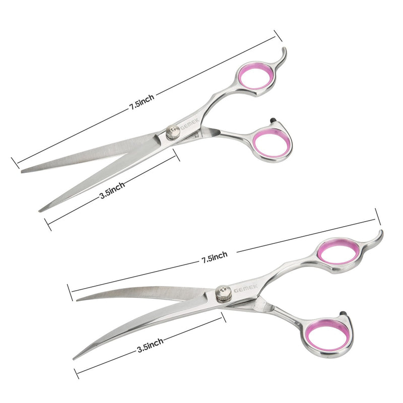 GEMEK Pet Cat Dog Grooming Scissors Set 4 Pieces Stainless Steel Professional Pet Trimmer Kit - 7.5 inch Straight Cutting, Thinning Shears, Curved, Grooming Combs Pink 5 in 1 - PawsPlanet Australia