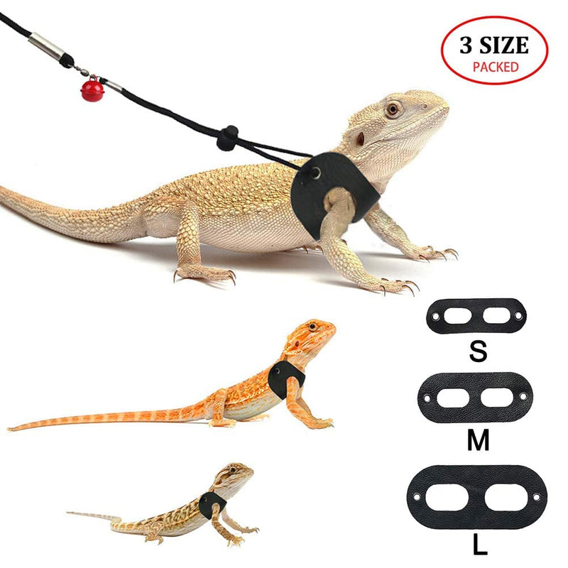 3 Packs Bearded Dragon Harness and Leash Adjustable(S,M,L) - Soft Leather Reptile Lizard Leash for Amphibians and Other Small Pet Animals black