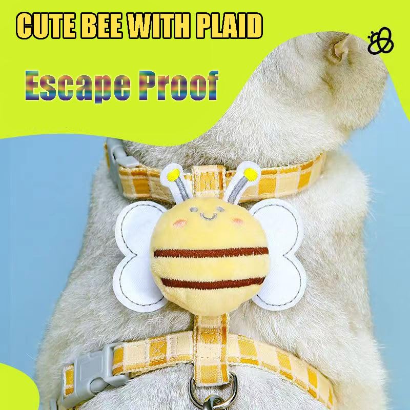 Cat Harness & Leash Set, Cats Escape Proof - Adjustable Kitten Harness for Large Small Cats, Cute Bee Plaid Lightweight Soft Petsafe Harness (Yellow Plaid Bee, M (for 7.0-16.5lb)) M (for 7.0-16.5lb) Yellow Plaid Bee - PawsPlanet Australia