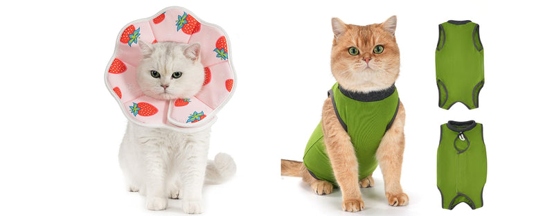Avont Soft Cat Recovery Cone Collar Bundle with Cat Recovery Suit After Surgery -S