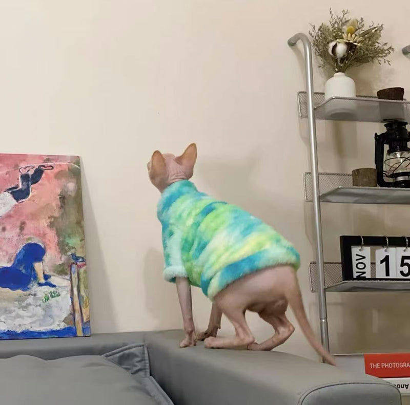 Sphynx Cat Warm Turtleneck Sweater, Thick Soft Double-Sided Fleece Clothes for Cats, Two-Legged Winter Onesie for Cats and Small Dogs,Pjs for Cats and Puppy (Green Tie-dye, S (2-3.5lbs)) Green Tie-dye S (2-3.5lbs) - PawsPlanet Australia