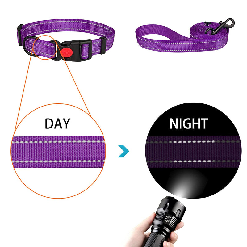 Reflective Dog Collar and Leash Set with Safety Locking Buckle Nylon Pet Collars Adjustable for Small Medium Large Dogs 4 Sizes(Purple&L) L Purple