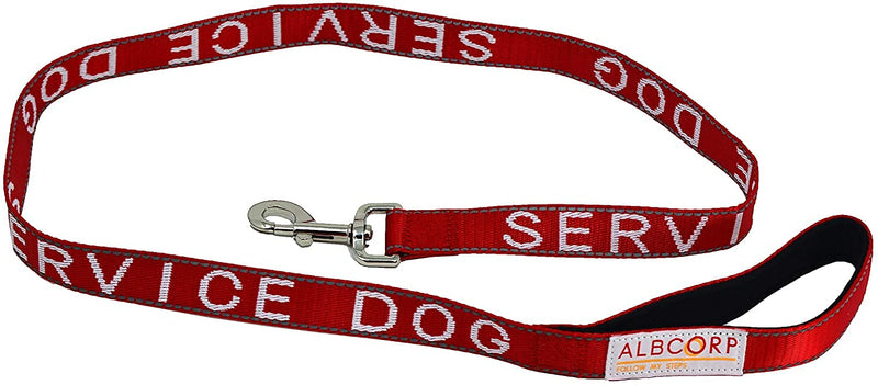 Albcorp Service Dog Leash - Embroidered- with Padded Neoprene Handle and Reflective threads, 4 Feet, for Harnesses, Vests or Collars, Red - PawsPlanet Australia