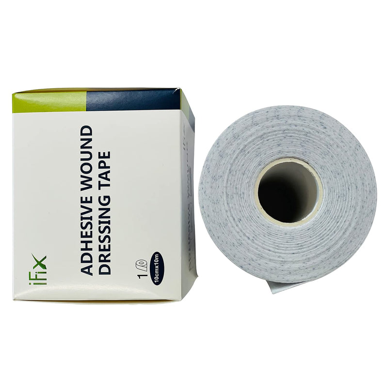 iFix Adhesive Wound Dressing Tape-Surgical Tape, 1 Roll-10 cm x10 Meters in Sturdy Box - Latex-Free Hypoallergenic Fabric Medical Tape - Soft & Breathable First Aid Dressing Tape for Sensitive Skin.