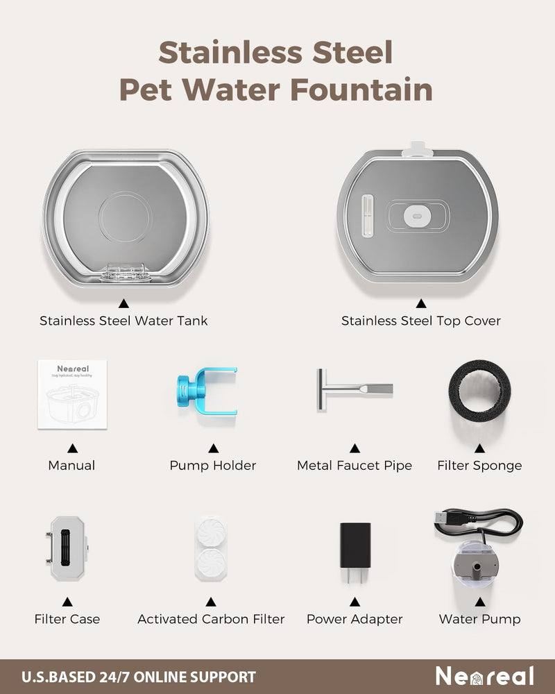 Cat Water Fountain Stainless Steel - Pet Drinking Fountain for Cats Indoor - 3.2L/108oz Automatic Water Dispenser with Watering Level Window (4 Filter) Cat Fountain + 4 Filters + 4 Sponges - PawsPlanet Australia