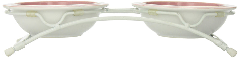 PetRageous 44355 Toftees Paws Diner with Two 1-Cup Dishwasher Safe Stoneware Bowl Capacity 10.75-Inch Length 2.25-Inch Tall for Extra Small and Small Dogs and Cats, White Diner with Pink Bowls