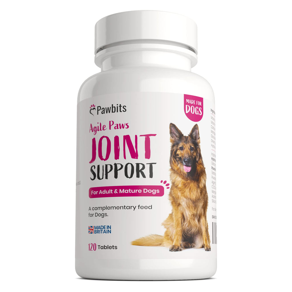 Pawbits 120 Adult Senior Dog Hip & Joint Supplements for Older Mature Dogs. High Strength Green Lipped Mussel Supplement for Elderly Dogs with Stiff Joints - Glucosamine, Vitamin C & E 120 tablets - PawsPlanet Australia