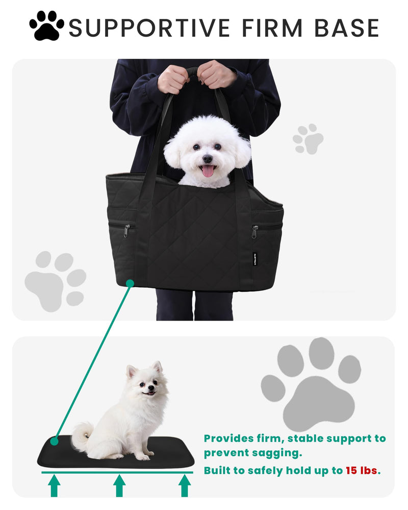 Lightweight Dog Purse Carrier for Small Dogs up to 15 lbs, Dog Tote Bag Puppy Carrier, Soft Plush Interior, Safety Leash Clip, 4 Side Pockets Dog Carrier Bag for Travel & Walking, Black