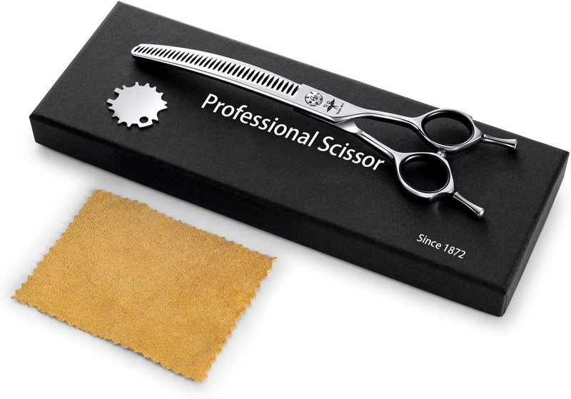 PURPLEBIRD 7 Inch Downward Curved Dog Grooming Scissors Pet Thinning Texturizing Shears Professional Safety Blunt Tip Trimming Shearing for Dogs Cats Face Paws Limbs Japanese Stainless Steel Silver 7.0"curvedThinning - PawsPlanet Australia