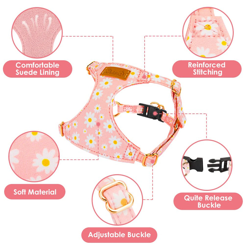 Lukovee Puppy Harness and Leash Set, No Pull Lightweight Soft Suede Adjustable Pet Harness Vest with Snap Buckle for Puppy Small and Medium Size Dog (Pink-XXS) XX-Small ( 2.2-6lb ) Pink Daisy - PawsPlanet Australia
