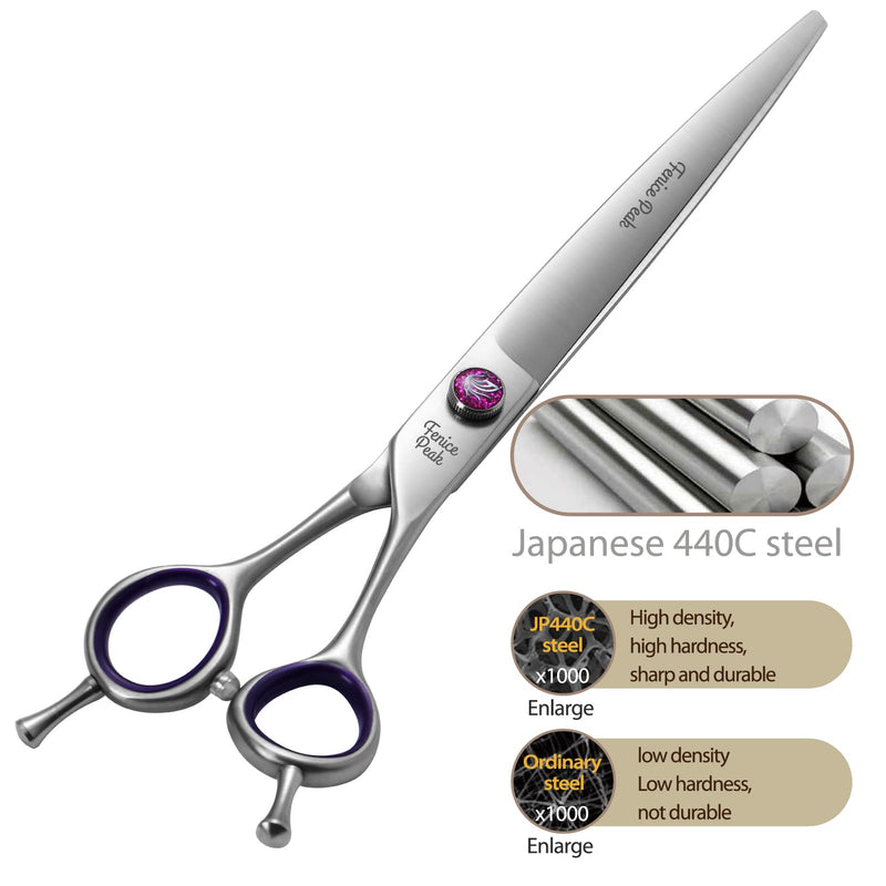 Fenice Peak 7'' Straight Dog Grooming Scissors with Purple Finger Rings and Flashing Screw Professional 440C Stainless Steel Natural Color Pet Trimming Shears with Offset Handle Durable and Sharp Straight Scissors 7'' - PawsPlanet Australia