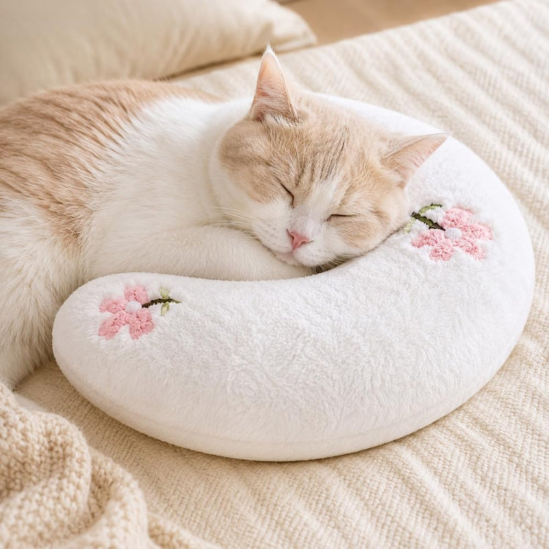 Cat Pillow Half Donut Cuddler, Ultra Soft Fluffy Calming, Machine Washable for Sleeping, Joint Relief, Nap Comfort and Travel, White