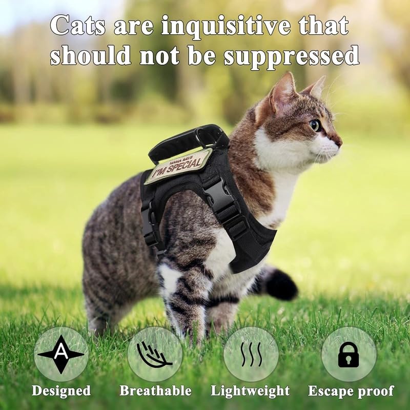 Military Tactical Cat Harness for Walking Escape Proof, Adjustable Pet Vest Harness Easy Control Traction Rope for Large Cat and Small Dog (Black) Black - PawsPlanet Australia
