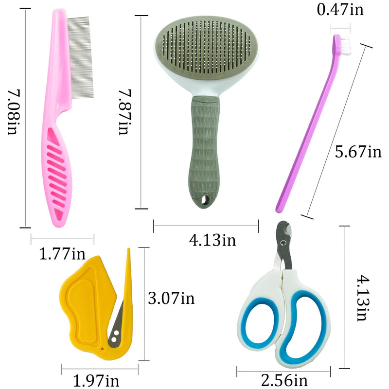 Dog Brush - 5 Pcs Pet Grooming Kit with Nail Clippers,Self Cleaning Slicker Brush Toothbrush Flea Comb Knotting Comb Skin Friendly Deshedding Grooming Tool for Long Haired Cats and Dogs Self Cleaning Slicker Brush Set - PawsPlanet Australia