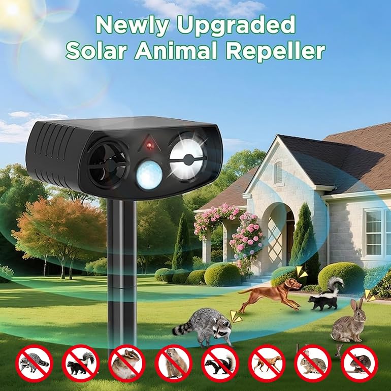 Solar Animal Repeller Outdoor, Motion Activated Ultrasonic Pest Deterrent with LED Light, Waterproof Repellent for Yard Garden, Raccoon Squirrel Rabbit Cat Dog, 2 Pack Matte Black - PawsPlanet Australia