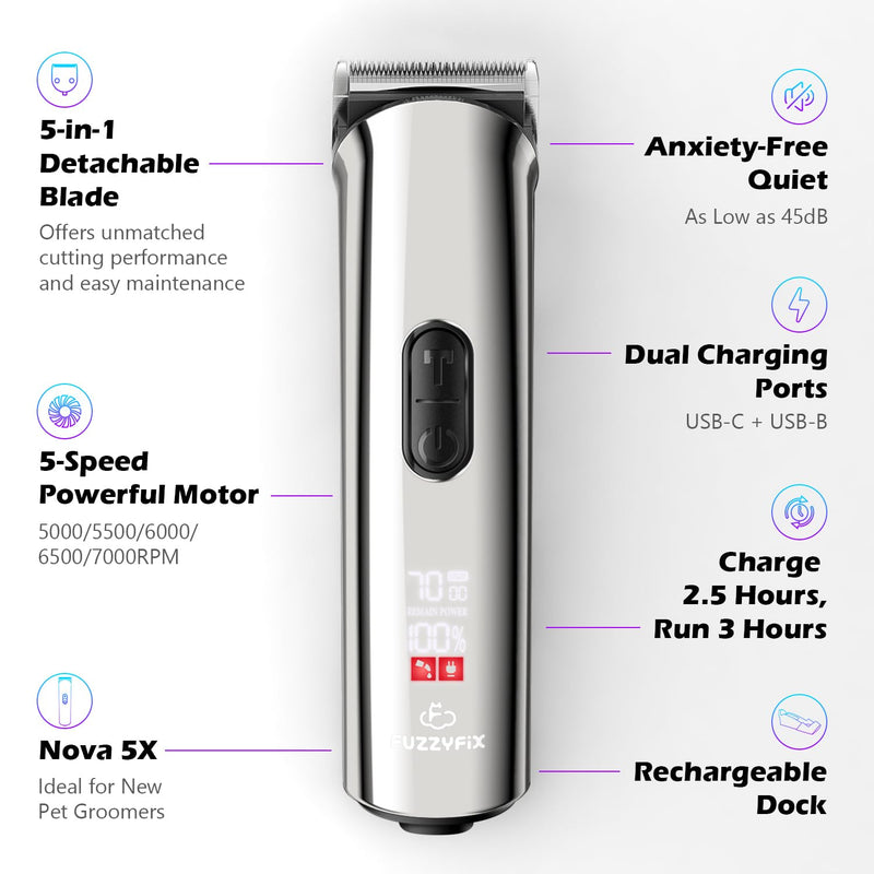 Professional Dog Grooming Clippers with Charging Dock, 5-in-1 Adjustable Blade Cordless Pet Grooming Kit 5 Speed Rechargeable Trimmer Hair Shaver with Detachable Guide Combs for Animal Horse - PawsPlanet Australia