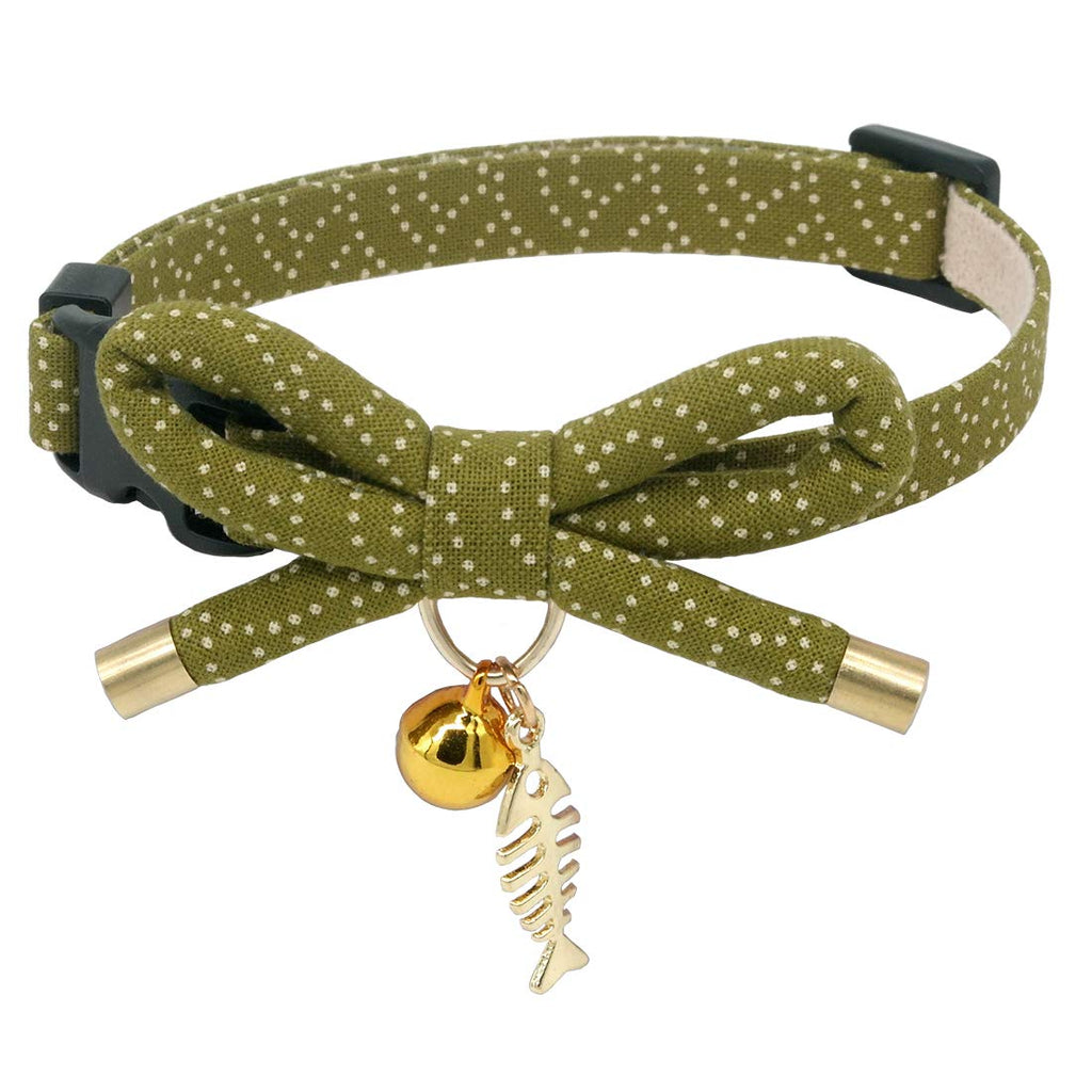 PetSoKoo Cute Bowtie Cat Collar with Bell. Japanese Stylish Bowknot & Fish Charm. Safety Breakaway, Soft, Lightweight, for Girl Boy Male Female Cats Kitten,Green Small (6-9.5 Inches,16-24cm) Tea Green