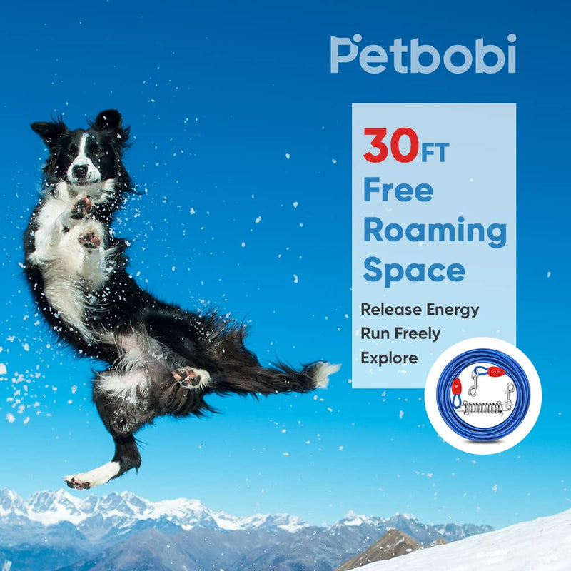 Petbobi Dog Tie-Out Cable 30ft - Outdoor Leash 4mm Dog Cable with Shock Absorbing Spring, 360° Swivel Clips, Allow Your Dog Roam Free, Ideal for Small Medium Large Dogs Up to 120lbs, Blue 30ft/120lbs