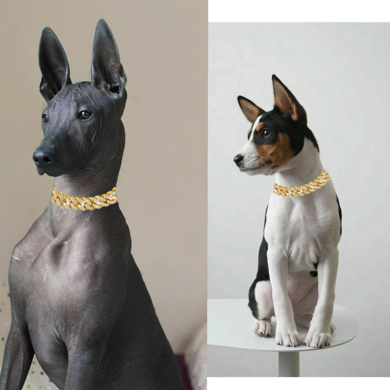Dog Chain Designer Gold Crystal Pet Collar Cuban Link Chain with Secure Buckle Luxury Adjustable Necklacefor Small Medium Large Dogs Cats(Glod 14inch) 14 Inch - PawsPlanet Australia