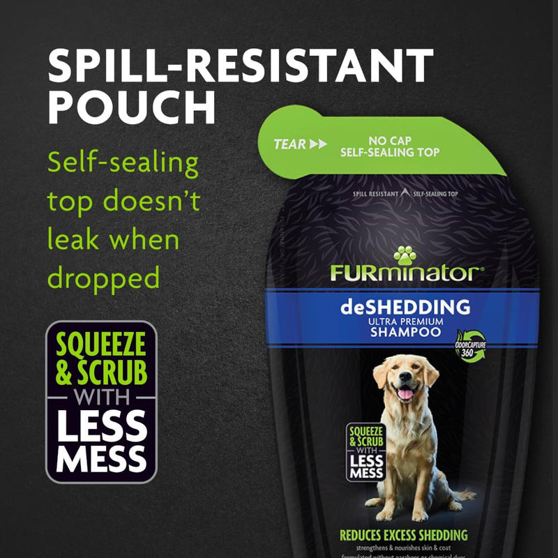 FURminator DeShedding Shampoo Squeezable Pouch,16 Fluid Ounces, Moisturizing Deshedding Shampoo for Dogs in Self-Sealing,Spill-Resistant Pouch Helps Reduce Excess Shedding and Nourishes Skin and Coat - PawsPlanet Australia