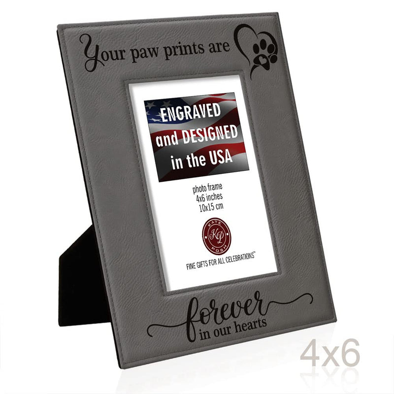 KATE POSH - Your Paw Prints are Forever in our Hearts. Engraved Leather Picture Frame. Memorial Pet Gift, Loss of Dog and Cat, Pet sympathy gift, In memory of (4" x 6" Vertical) 4" x 6" Vertical - PawsPlanet Australia
