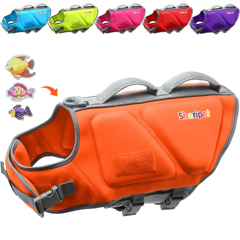 Dog Life Jacket for Large Dogs, Dog Life Vest for Swimming with Three Fashion Fabric Patches，Dog Life Jacket with Reflective Stripes and Two Rescue Handle, Dog Flotation Vest, XL X-Large Orange
