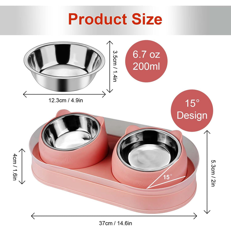 Elevated Cat Food Bowls, Raised Cat Bowl with Stand Stainless Steel, Tilted Cat Bowls Anti Vomiting, Double Cat Food and Water Bowl Set for Cats (Pink) Pink - PawsPlanet Australia