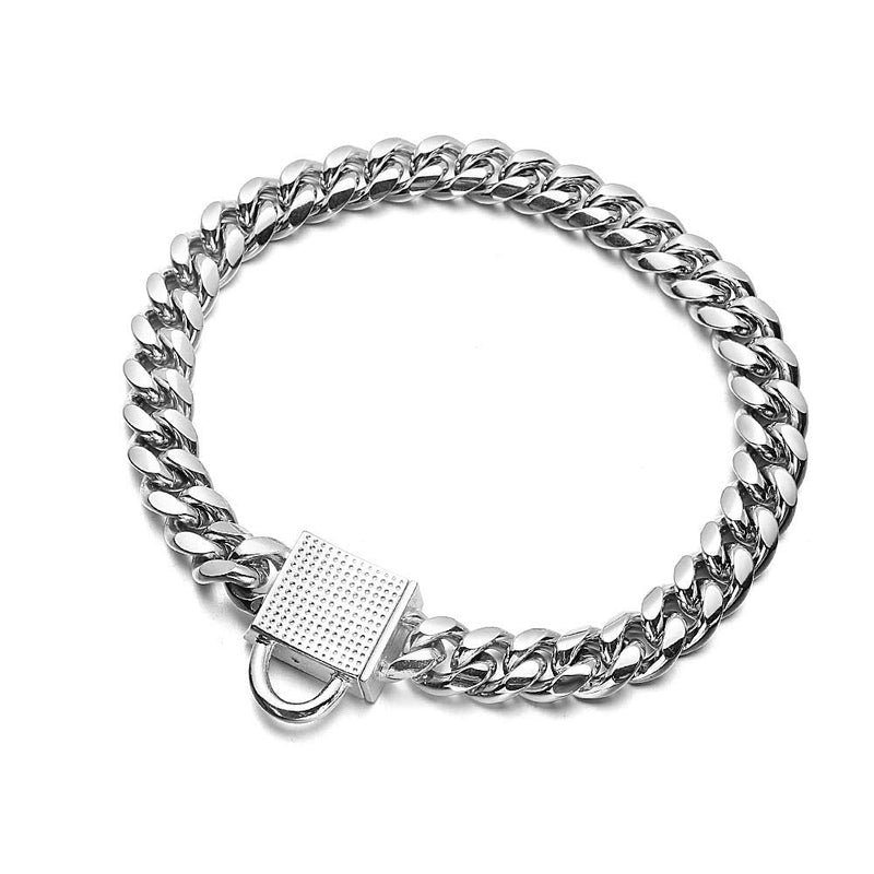Dog Chain Collar 10mm Wide Cuban Link Puppy Collar 316L Stainless Steel with CZ Diamond Lock Bling Collar for Medium Dogs(10mm Silver,16inch) Silver, width 10mm 16inch