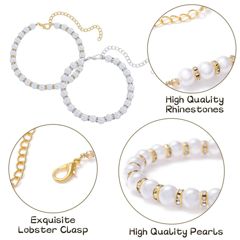 Campsis 2 Pack Rhinestone Cat Necklace Collar Pearl Cat Collars with Extension Chain Kitten Necklace Collar for Girl Cats (S=7.9-10.6inch) S=7.9-10.6inch - PawsPlanet Australia