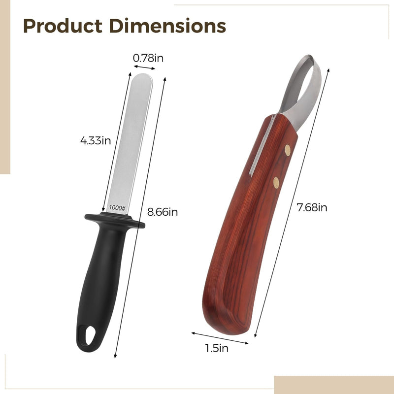 2 Pcs Professional Farrier Hoof Trimming Kit, Curved Knife, Dual Grit Diamond Sharpening Rod, Ergonomic Handle for Livestock Care, Long-Lasting Tools - PawsPlanet Australia