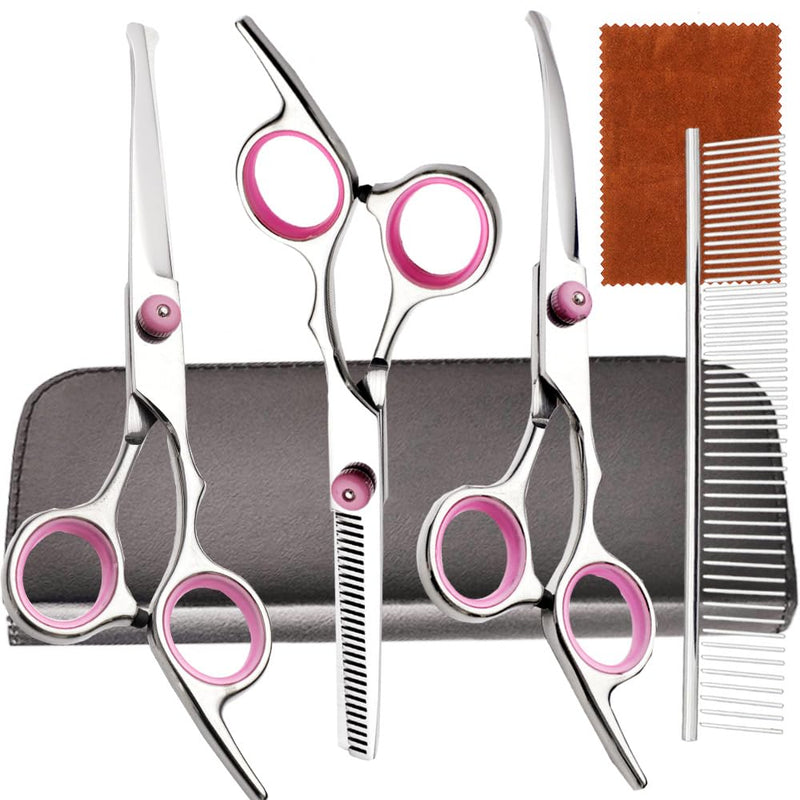 Dog Grooming Scissors - Professional Pet Grooming Kit with Flea Comb - Safety Round Tips Dog Thinning Scissors (Pink) Set of 6 | Grooming Products for Dogs Petking Pink-set of 6