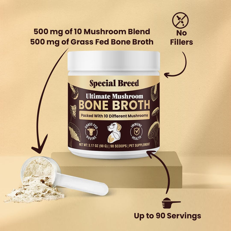 Beef Bone Broth for Dogs - High Protein Powder with Ten Organic Mushrooms & Collagen - Immune, Joint, Digestion & Cognitive Support - Tasty Dog Food Topper - Natural Hydration Booster 3.17oz