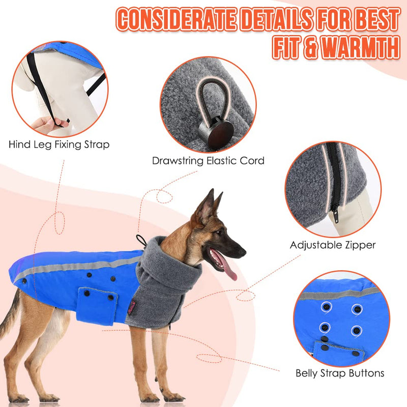 SlowTon Winter Dog Coat, Warm Polar Fleece Lining Doggie Outdoor Jacket with Turtleneck Scarf Reflective Stripe Adjustable Waterproof Windproof Puppy Vest Soft Pet Outfits (M+,Blue) E.Blue Medium + (Chest 24.5"-28.0") - PawsPlanet Australia