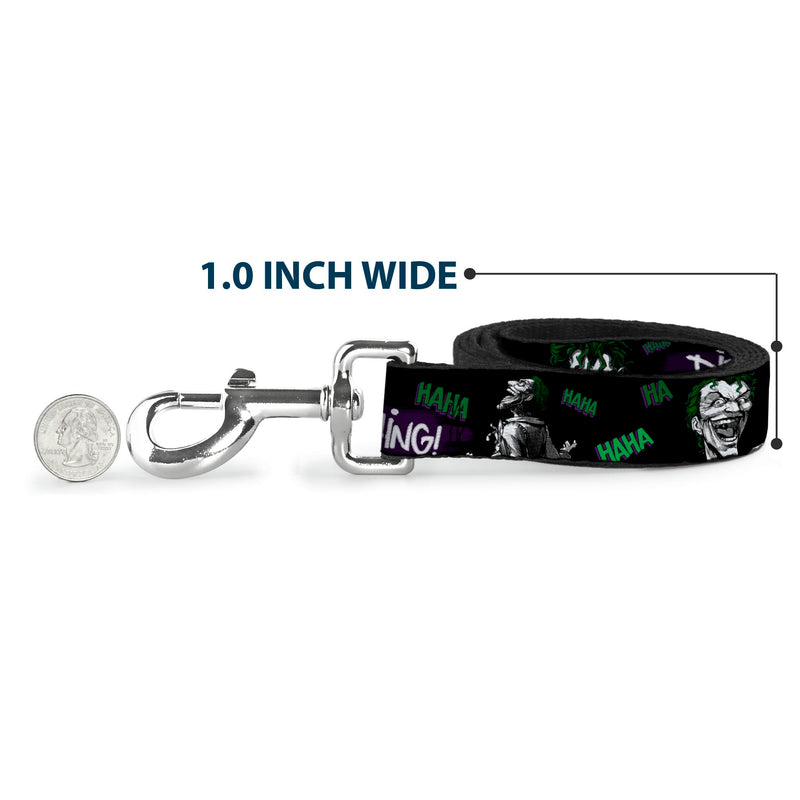 DC Comics Pet Leash, Dog Leash, Joker Die Laughing Haha Black Purple Green, 6 Feet Long 1.5 Inch Wide 6 Feet Long - 1.5" Wide