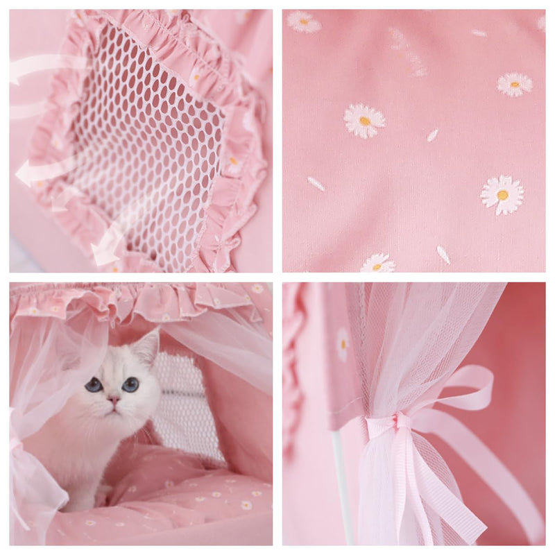 Cat Bed Tents Dog House Indoor Outdoor Lace Mesh Breathable Windows Door Curtains Removable Portable Nest Teepe House (Small,Pink(Ruffled Teim)) Small Pink(Ruffled Teim) - PawsPlanet Australia