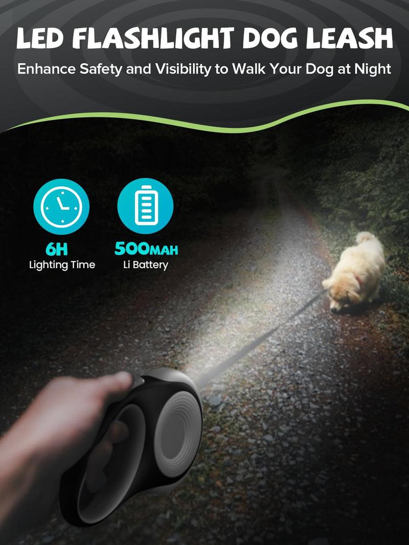 Retractable Dog Leash with LED Flashlight, Douexio Upgrade 3 in 1 Dog Leash Retractable for Small Medium Dogs Up to 66 lbs, 16ft, Anti-Slip Handle,One-Handed Brake (White) White - PawsPlanet Australia