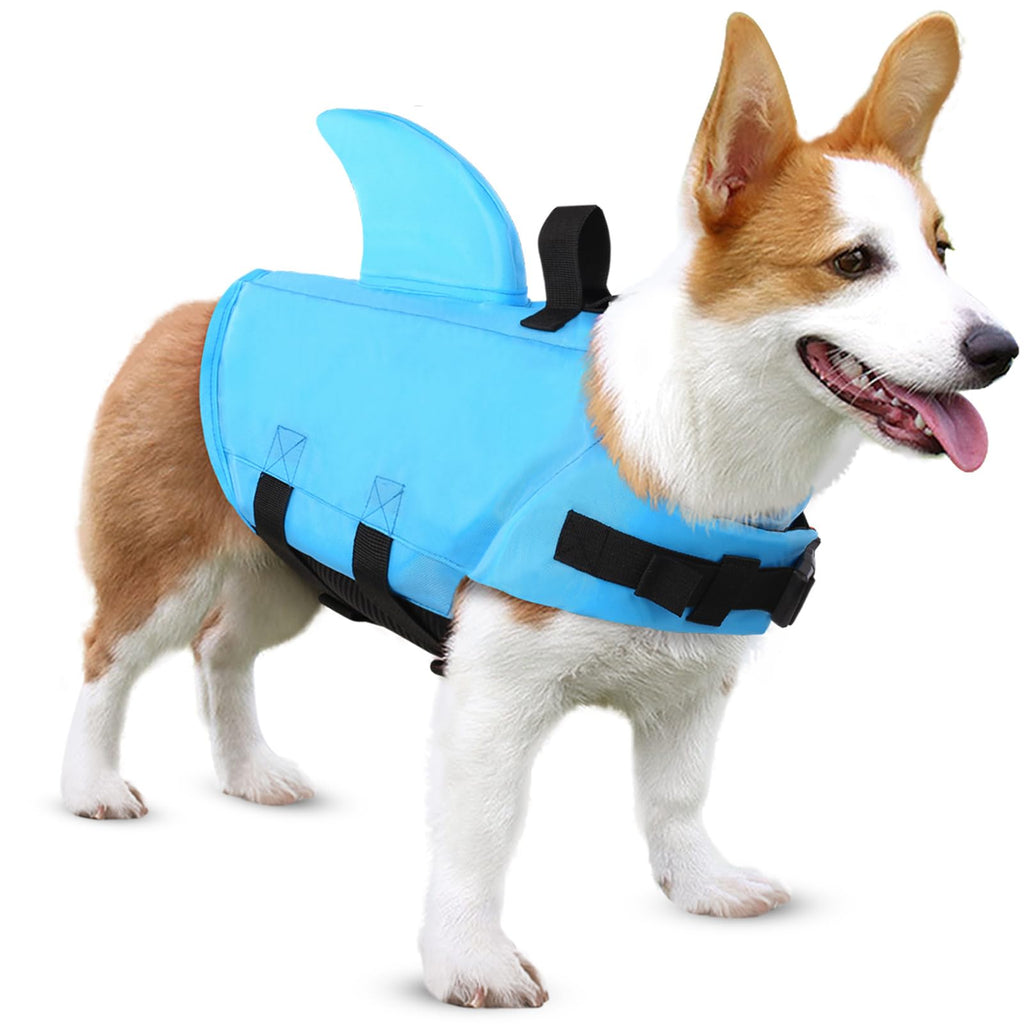 SUNFURA Shark Life Jacket for Dogs, Reflective Dog Life Vest for Swimming Boating Pool, High Flotation Dog Safety Swimsuit Adjustable Pet Life Preserver for Small Medium Dogs, Blue L Large