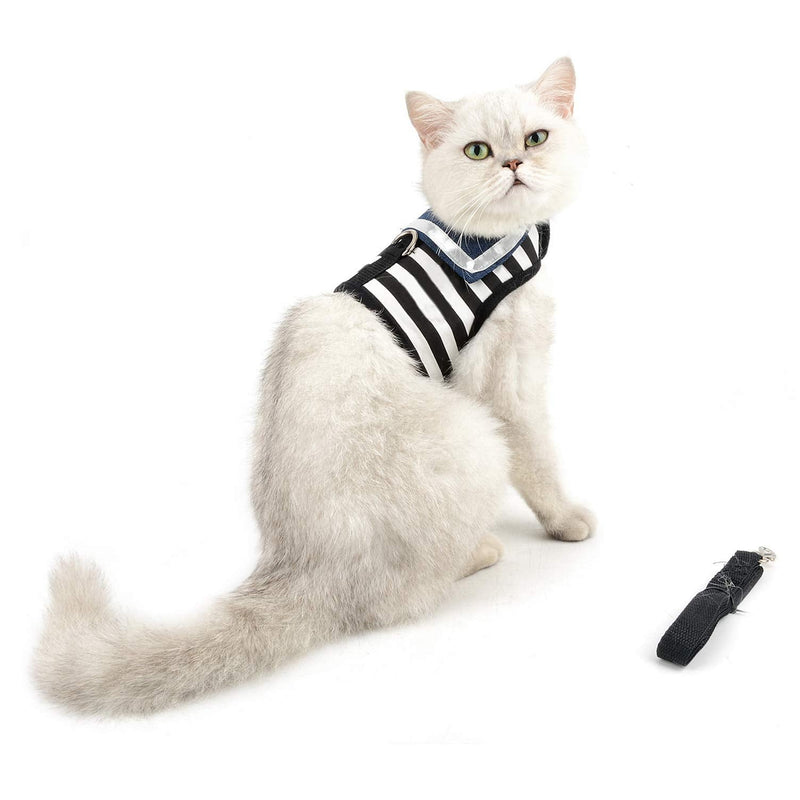 SMALLLEE_LUCKY_STORE Soft Mesh Sailor Harness for Cat and Small Dogs, Pet Navy Striped Walking Vest Puppy Padded Harnesses Leash Set Adjustable Black S - PawsPlanet Australia